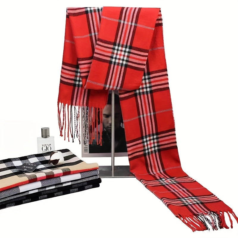 Soft and warm woven polyester men's scarf with classic checkered stripe design and fringe detail - 1 piece of classic style scarf.