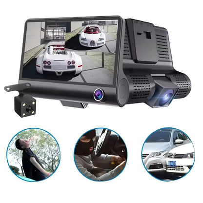 YiXingjia HD 3-Lens Dash Cam with Night Vision offers front, interior, and rear views, suction cup mount, loop recording, and reversible image.