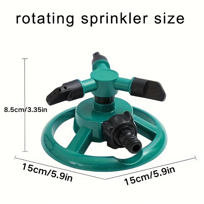 Durable garden sprinkler with 360-degree rotation for efficient watering of lawns and plants, easy to set up and water-saving.