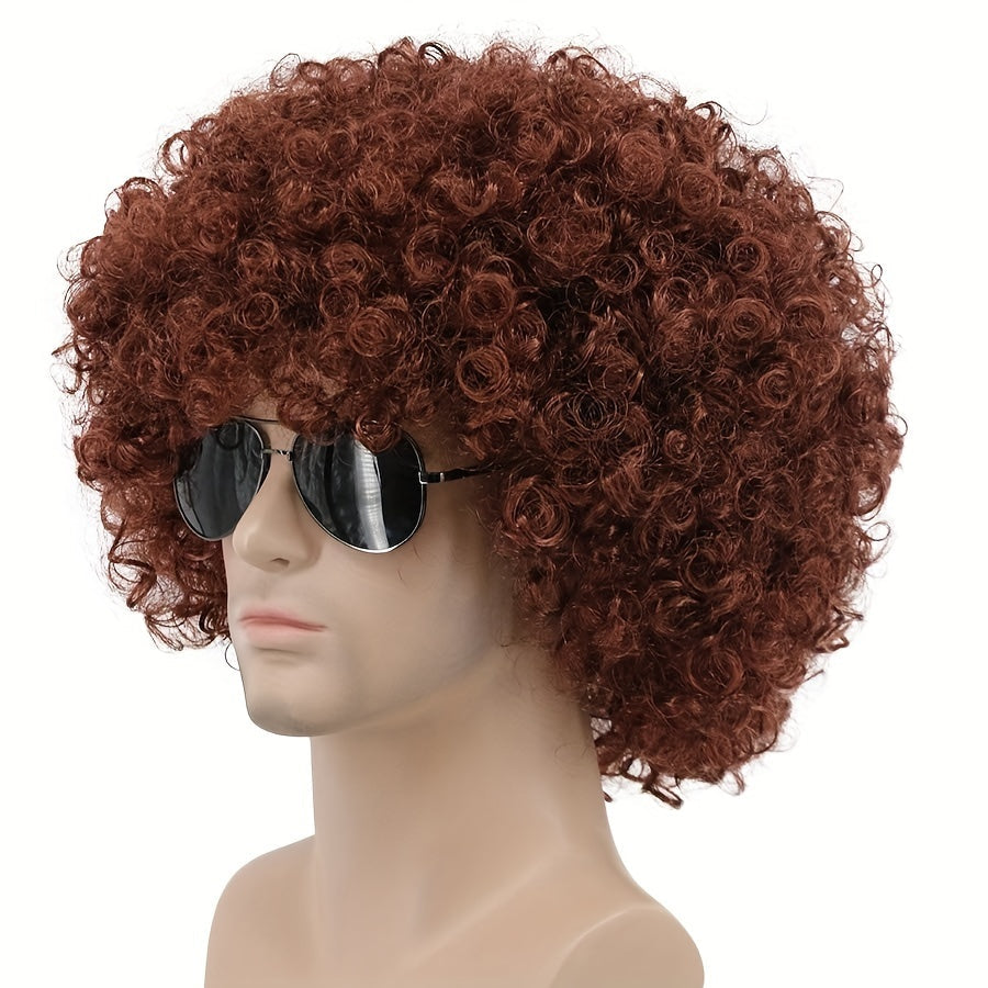 Hippie Disco Fluffy Afro Wig from the 70s and 80s, Available in Two Colors for Men's Halloween, Christmas, or Cosplay Photoshoot.