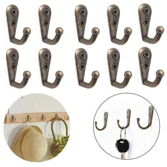 10 Rustic Bronze Single Prong Wall Hooks made of durable zinc alloy, perfect for hanging coats, keys, bags, and hats, adding both style and functionality to your home storage.