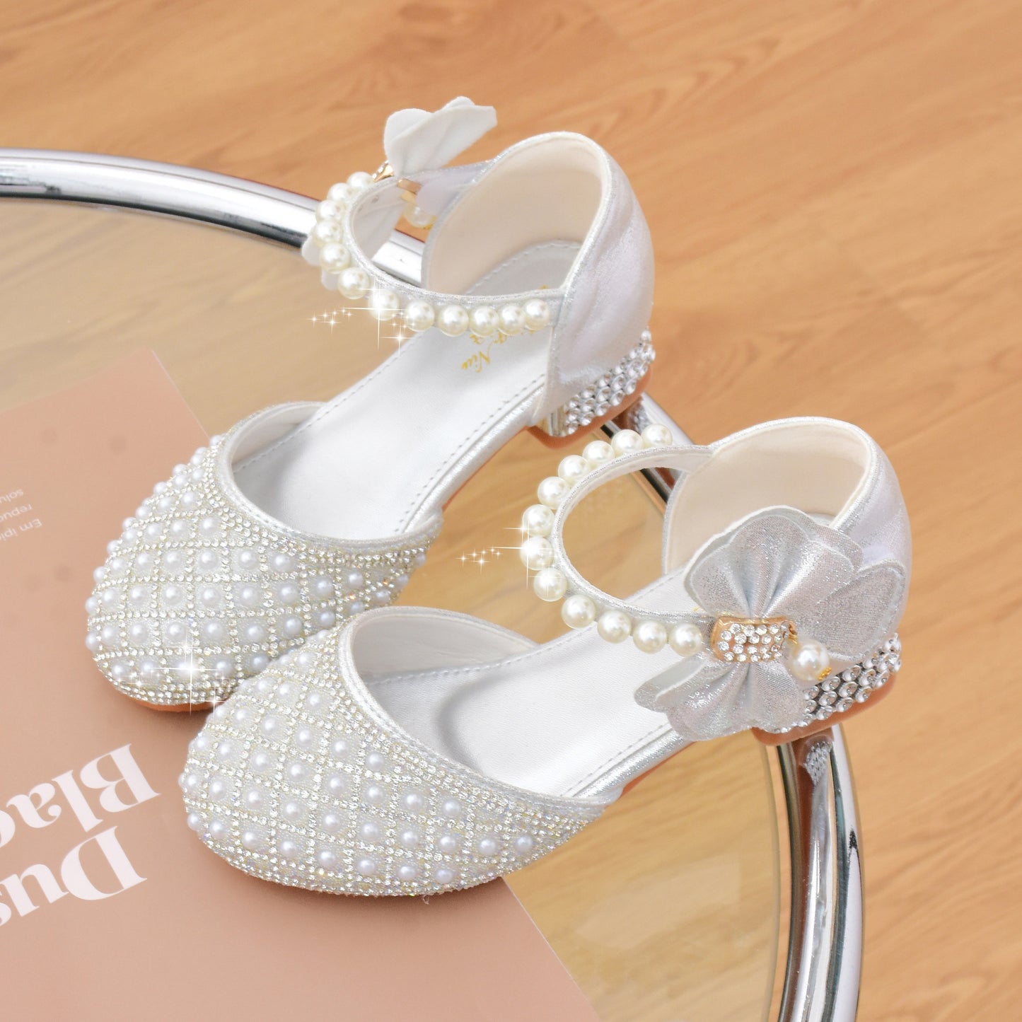 Glitter princess shoes for girls with rhinestones, pearl bow, block heel, non-slip sole and insole. Ideal for school, dance, wedding, and party. Spring/Fall collection for ages 14 and under.