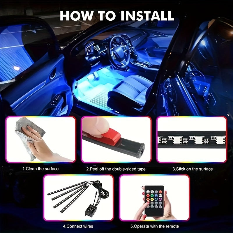 LED car interior lighting kit with music sync, USB-powered, ideal for parties and festivals, fits most vehicles.