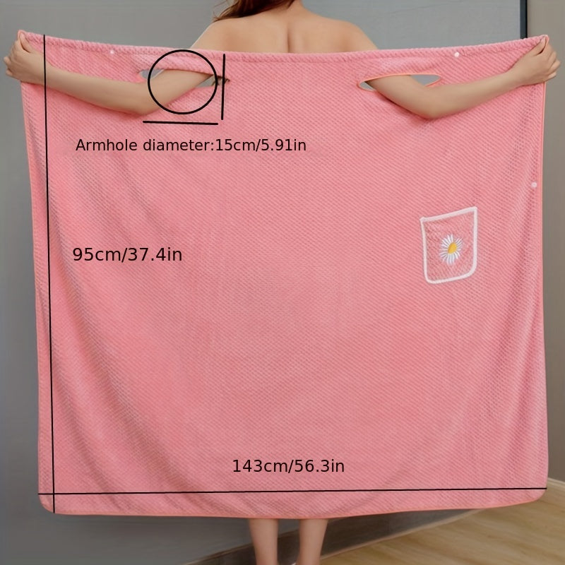 Adults' wearable bath towel features pockets, buttons, and quick-drying, absorbent material. Perfect for home spa or sauna use.