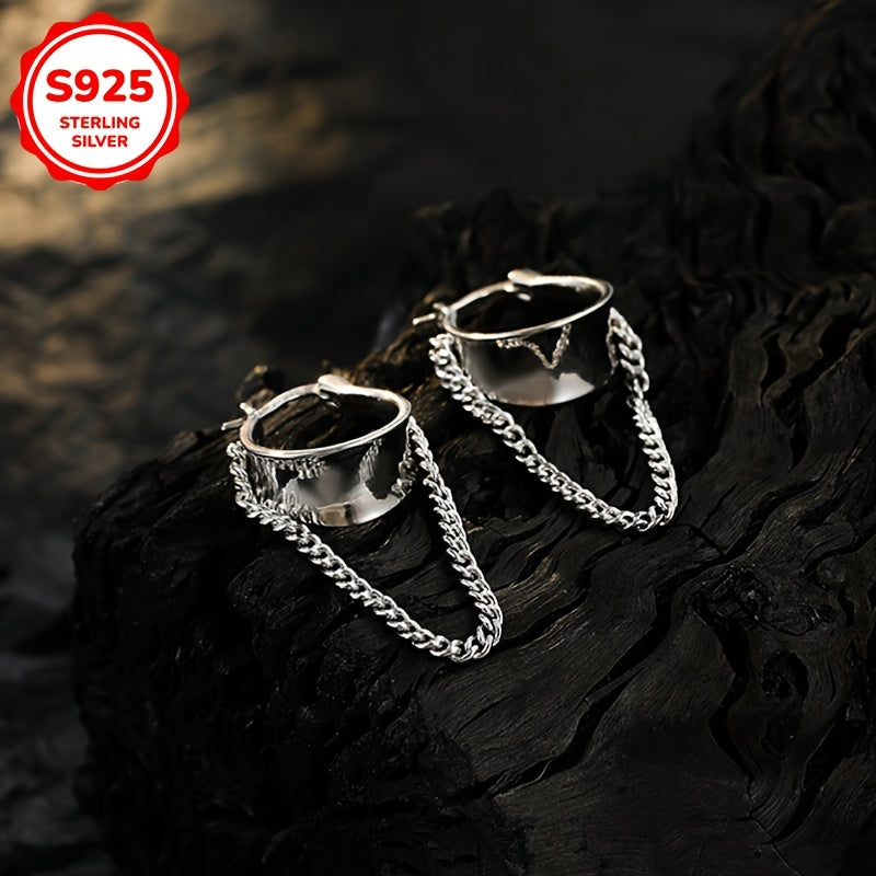 Stylish geometric buckle earrings paired with long braided earrings, perfect for fashion-forward women. Available in a sleek silvery color, weighing 6.5g or 0.23oz.