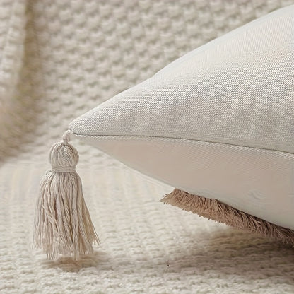 Boho beige tufted pillow cover with tassels and geometric diamond pattern, ideal for couch or bed. Made of polyester with zip closure, hand wash only. Insert not included.