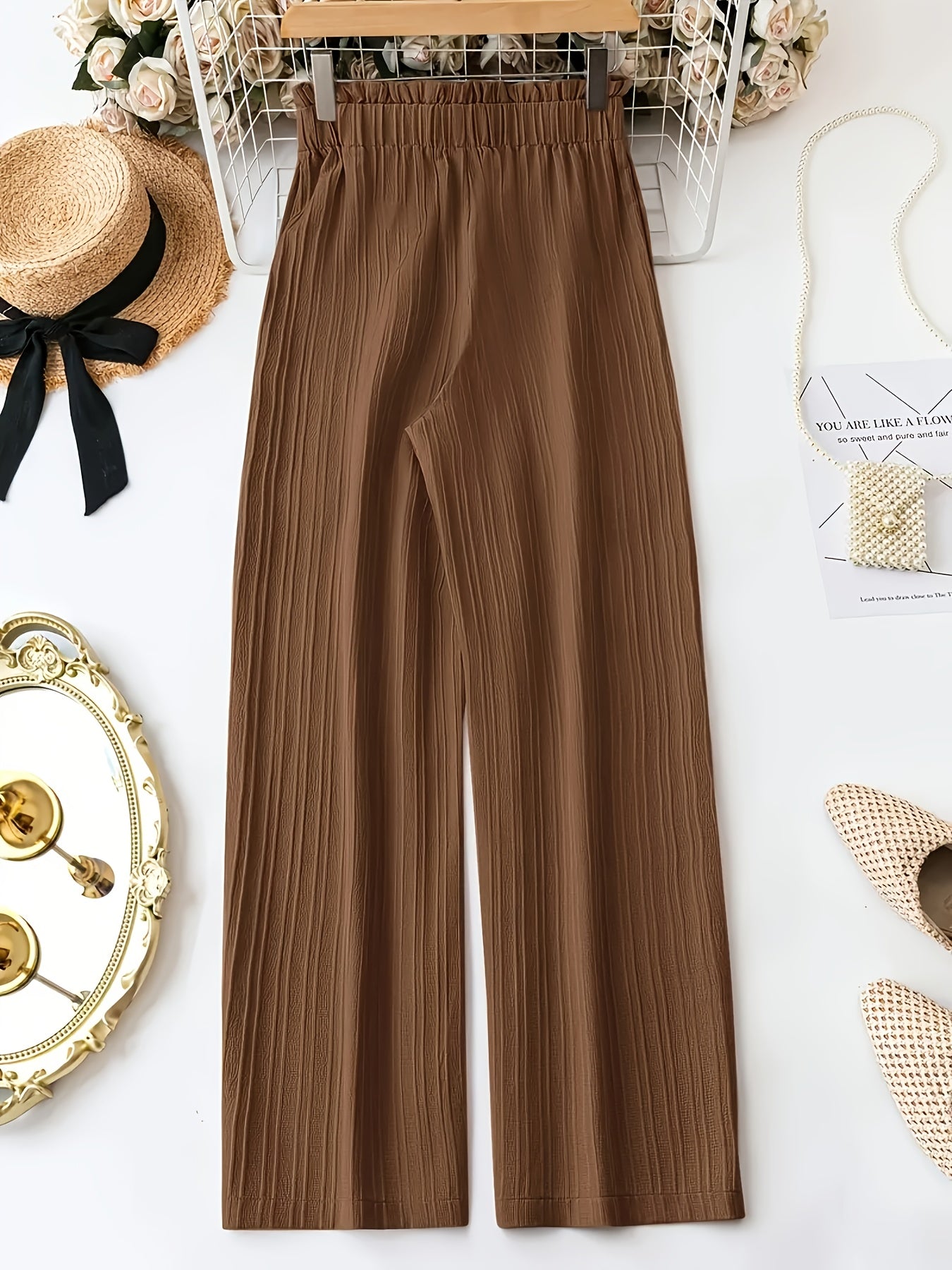 Women's wide leg pants with bow tie waist in solid color, made from 100% polyester non-stretch woven fabric for Spring/Summer/Fall. Straight leg style, weighing 125 gsm.