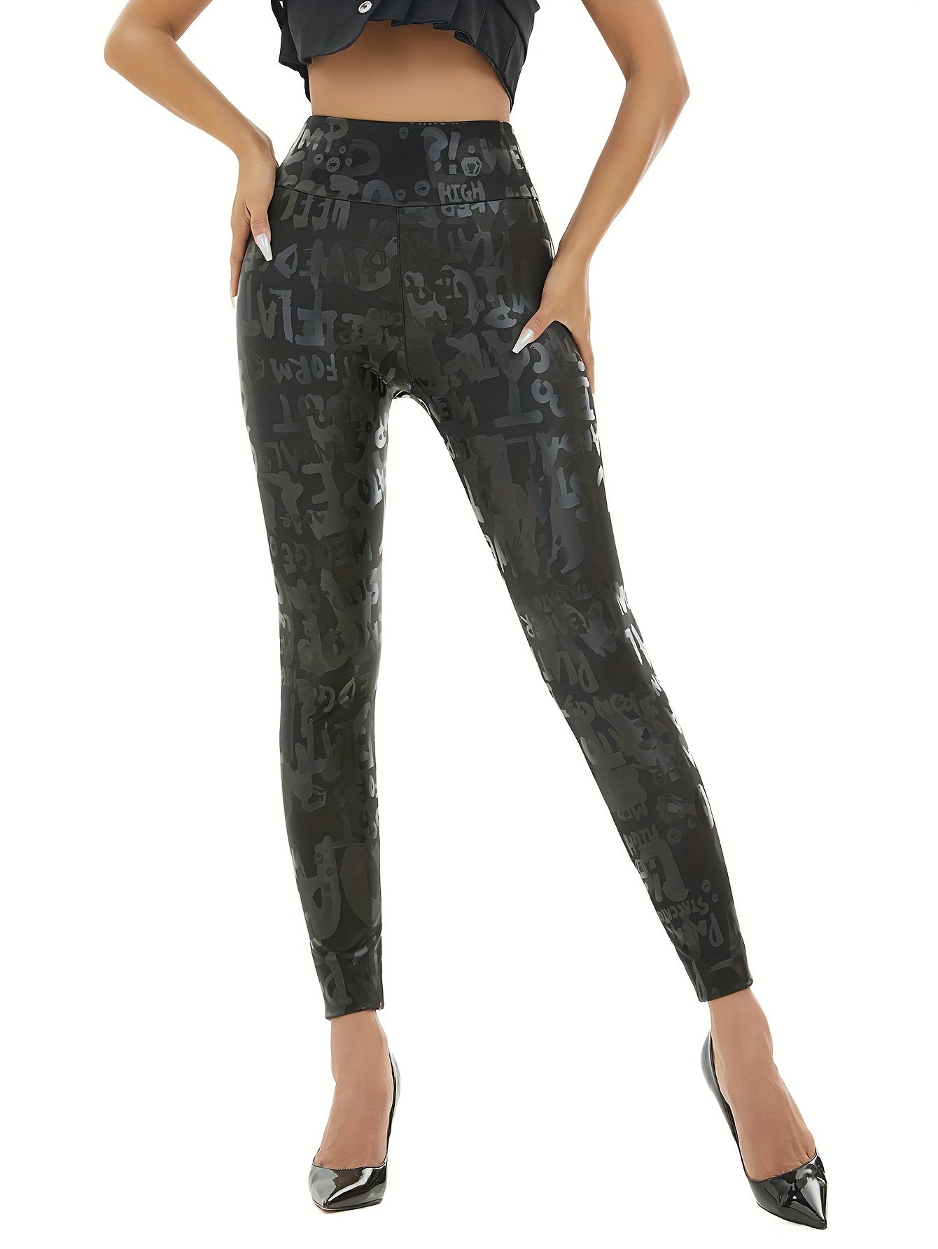 Faux leather high-waisted pants with PU letter print, perfect for year-round wear as comfortable sleep or lounge pants.