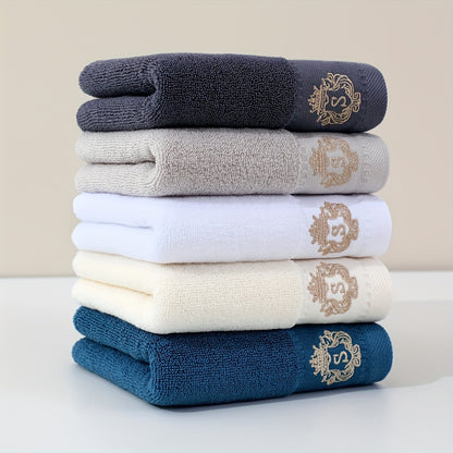 5pc Ultra Soft Cotton Velvet Hand Towels - 34.04x73.66cm, High-Quality & Cooling Comfort for Bathroom, Gym, Travel | Monogram Design in Navy Blue, Light Gray, White, Dark Gray, Light Brown | Multi-Color Options, Bathroom Essentials | Monogrammed Cotton