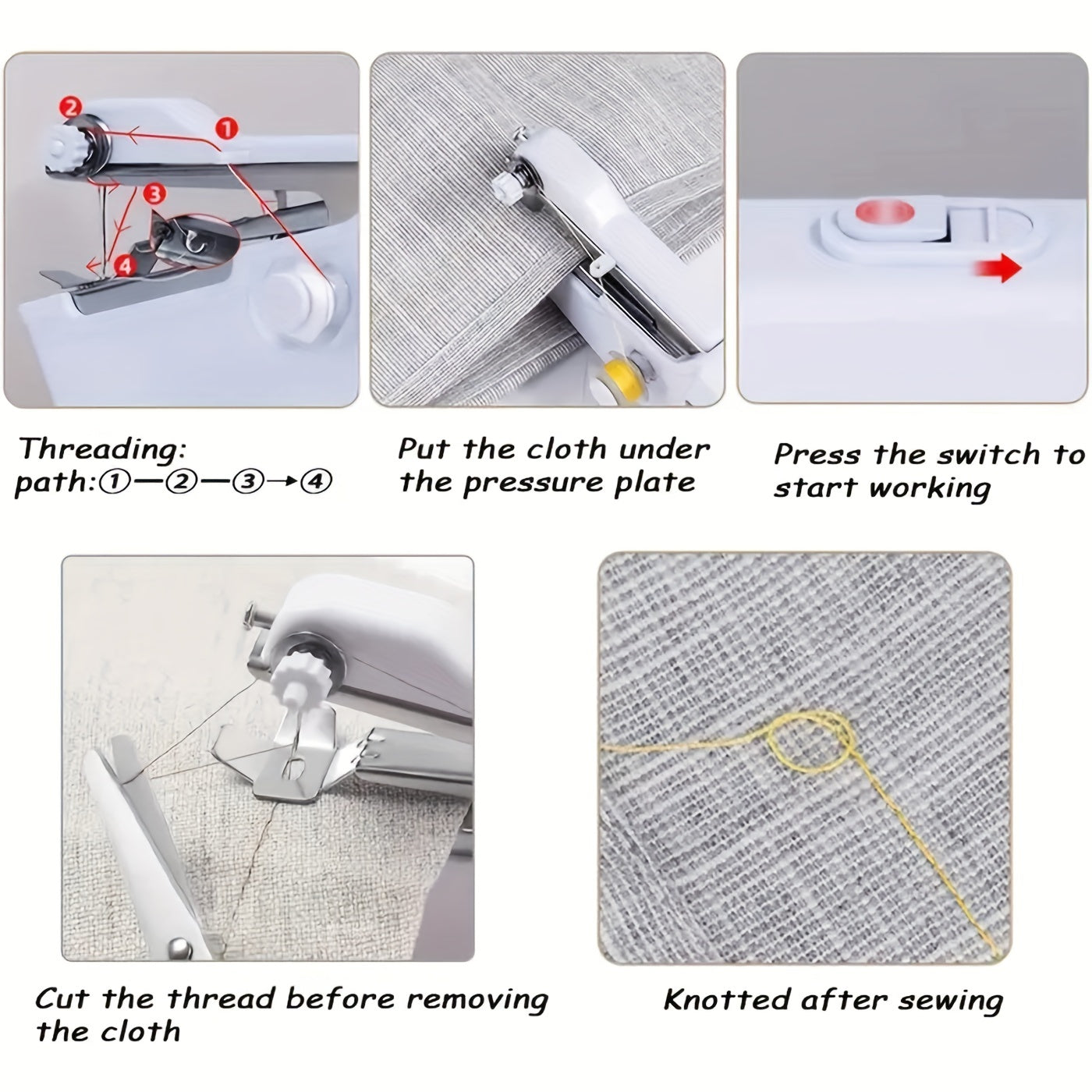 Handheld sewing machine for quick stitching on fabric and clothing. Batteries not included.