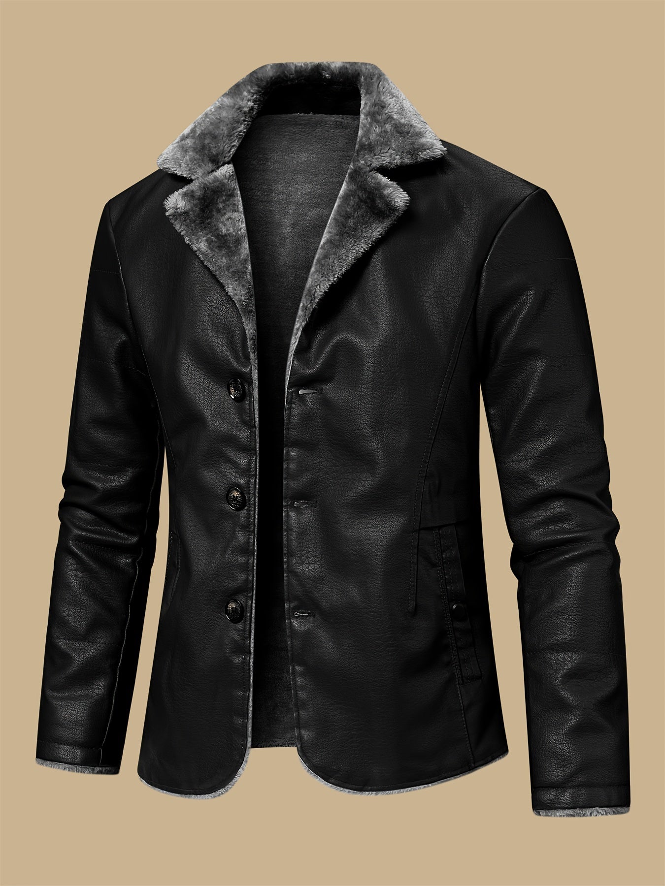 Men's warm jacket with faux fur lining, windproof for autumn/winter daily and leisure wear, made of fleece and PU leather.