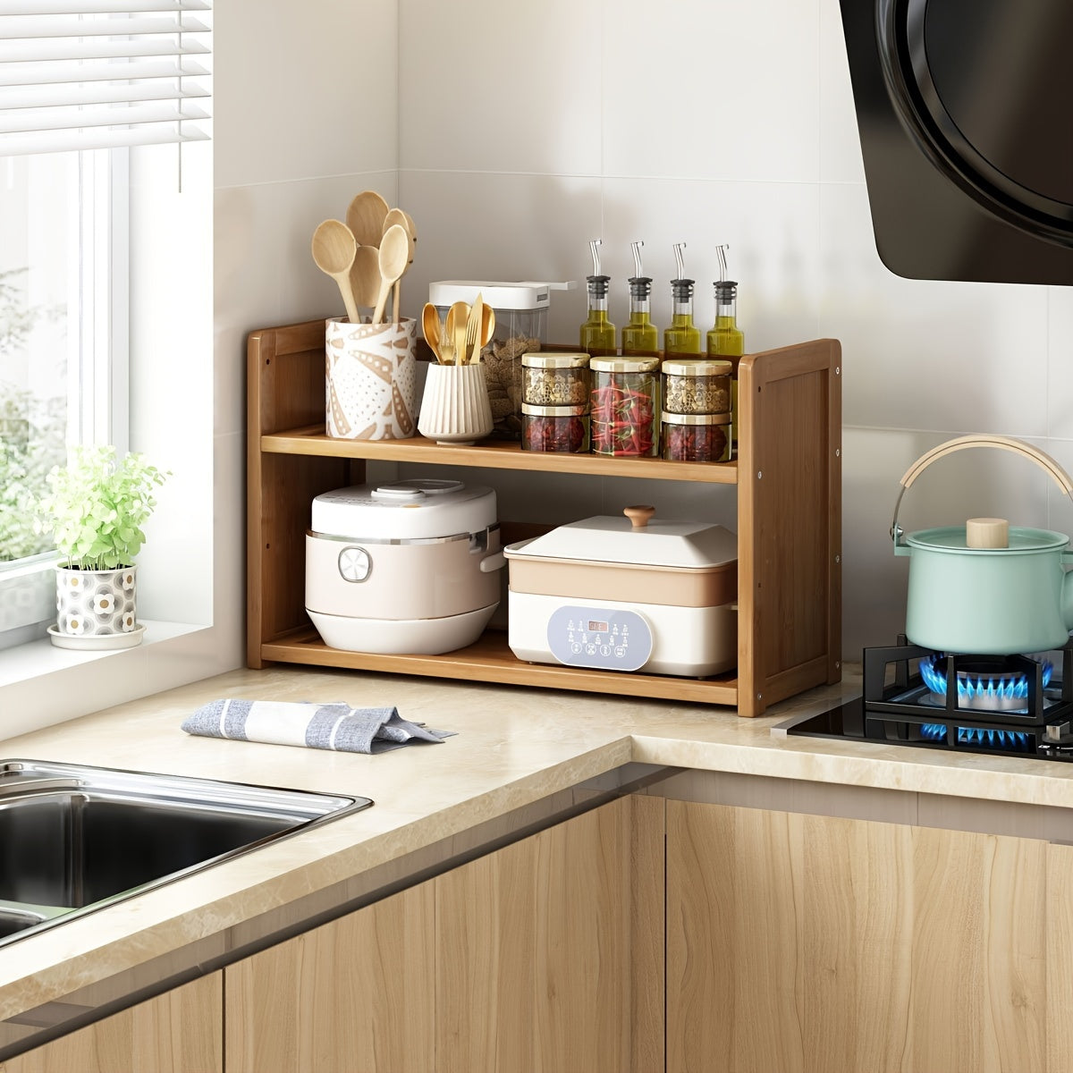 Large freestanding organizer made of brown hardwood, designed with open shelves for kitchen storage. Easy assembly with no power needed, perfect for home and kitchen use.