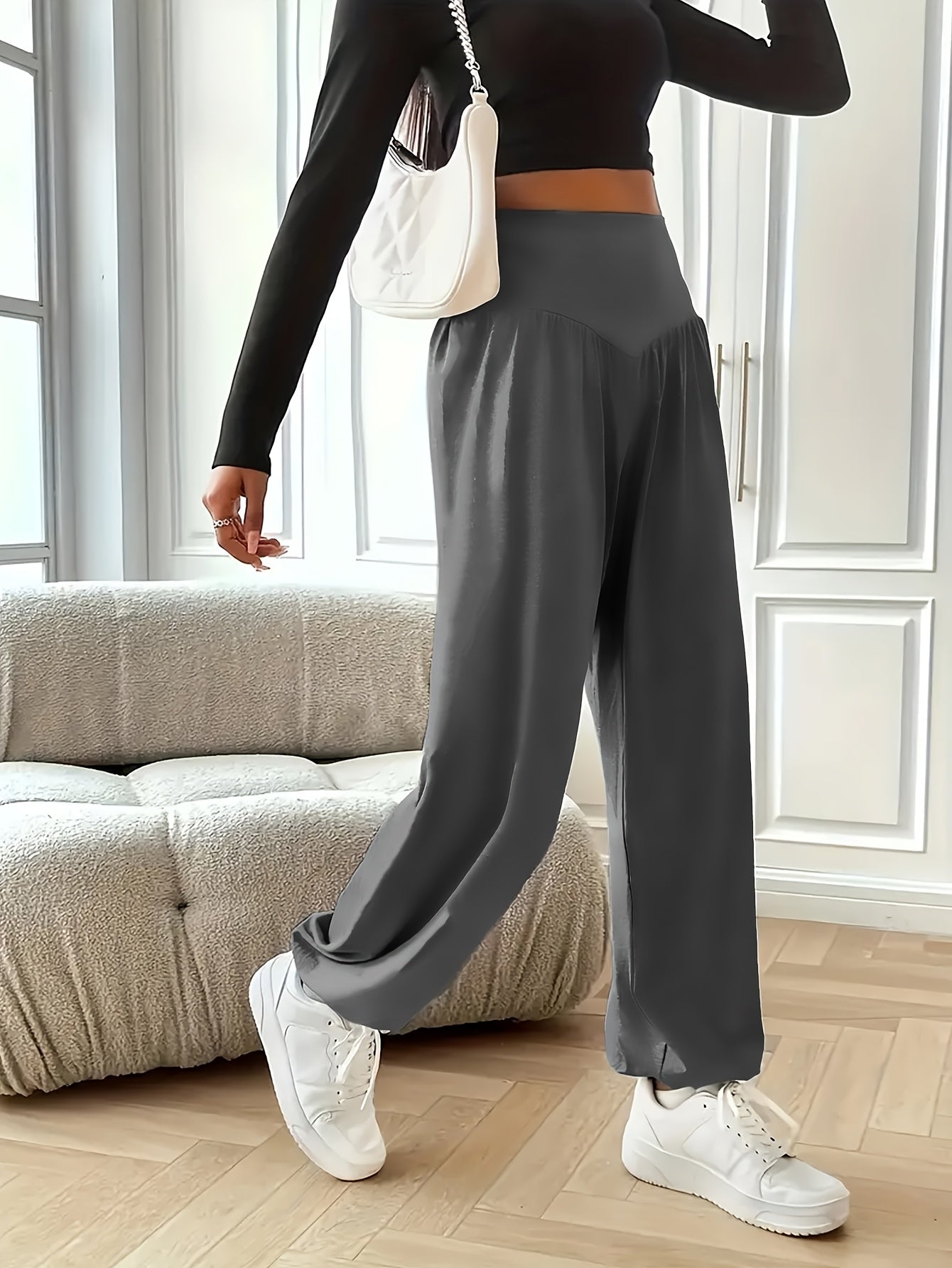 1 dona Ayollar uchun Yuqori Bel Sweatpants, Polyester To'qima, Elastik Qisqichli Joggerlar, Tez Quruq Yoga Shimlari - Katta yoshli