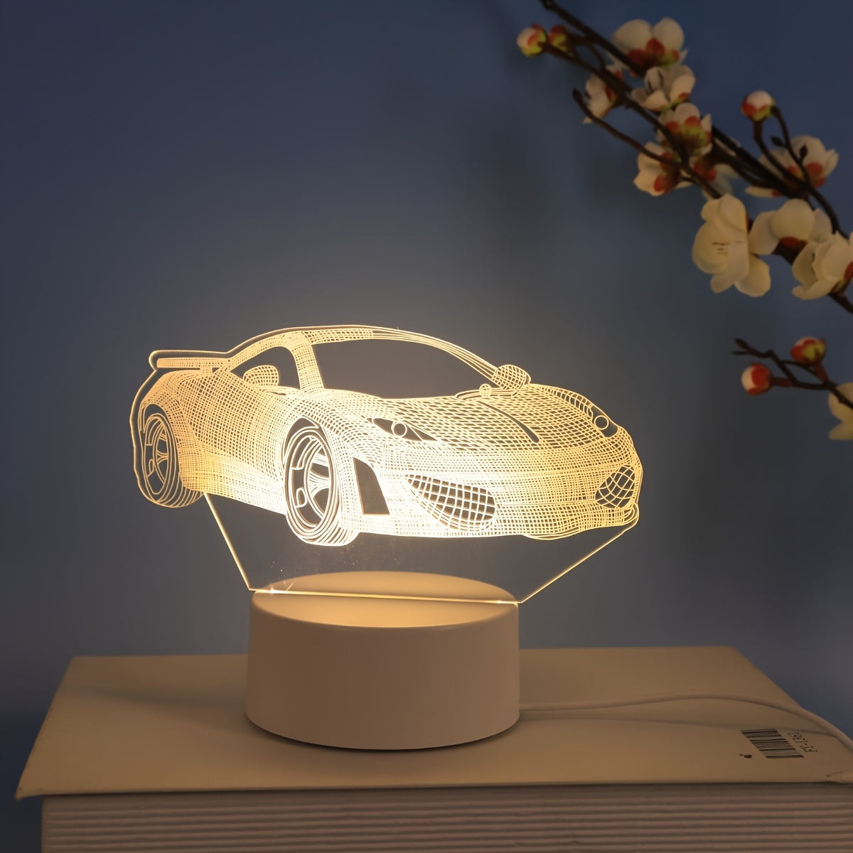 Modern 3D sports car night light, USB powered, perfect for gifts, no batteries needed, suitable for various rooms.