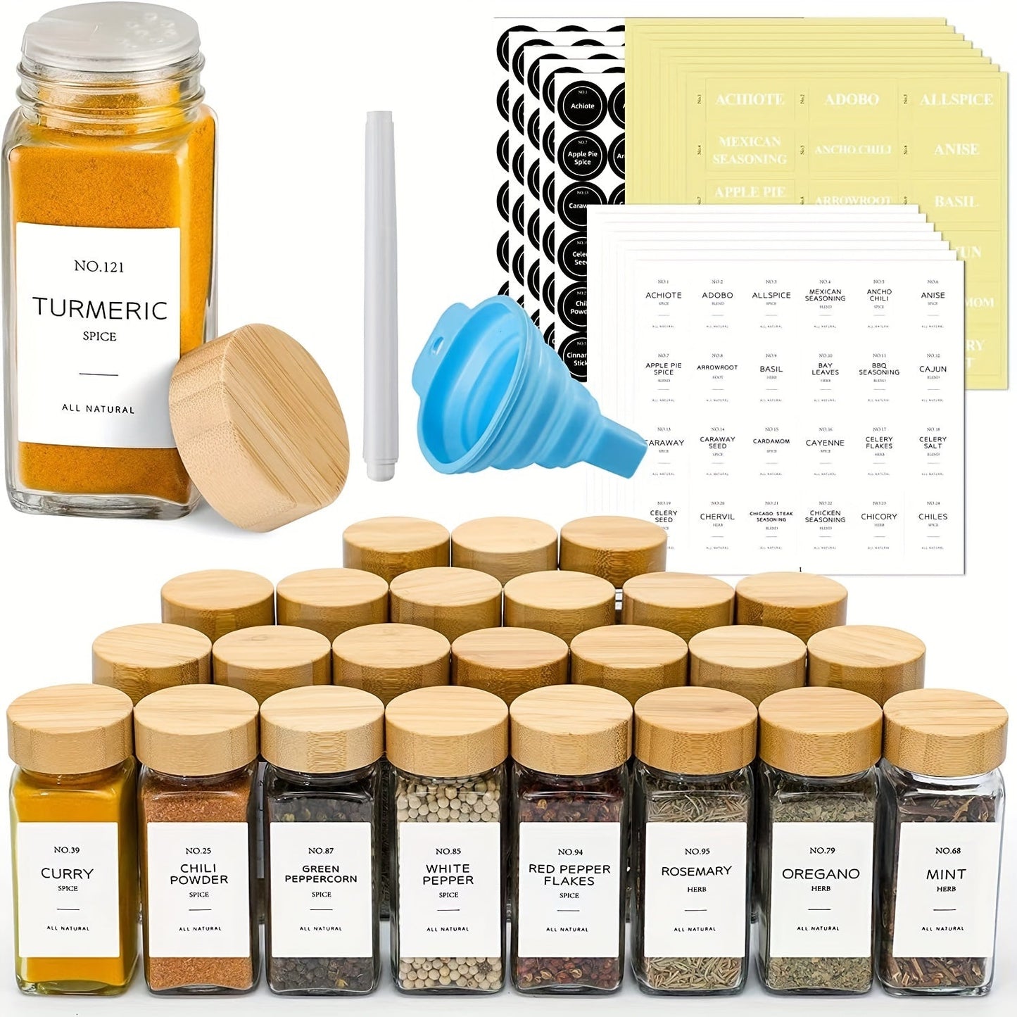 12 pieces of spice jars complete with labels, made of glass with bamboo lids. Each farmhouse style jar is equipped with a brush and funnel. Also includes a salt and pepper bottle with a pen. These kitchen accessories are essential for organizing your