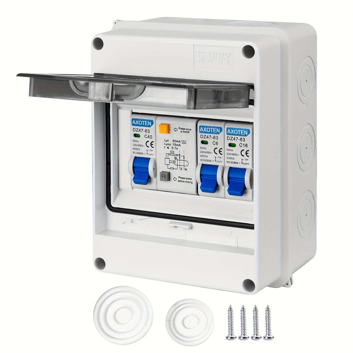 Surface-mounted 5/8/12-circuit micro circuit breaker combination switch box for home/office/shopping center power distribution.