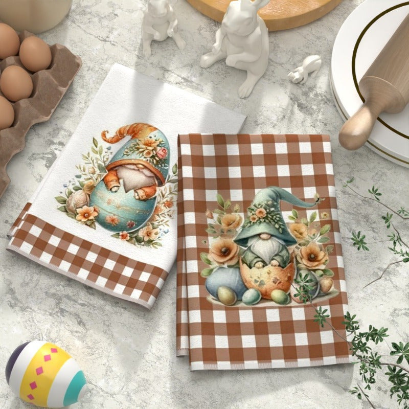 Set of 2 Adorable Easter Gnome and Floral Egg Kitchen Towels - 45.72x66.04cm - Made of Soft and Absorbent Polyester - Features Brown Checkered Borders - Perfect for Adding a Touch of Spring to Your Kitchen or Bathroom - Great for Use as Hand or Face