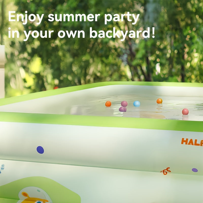 Large family-sized PVC inflatable swimming pool for outdoor parties and water fun. Includes multiple components and does not require electricity. Durable play pool.