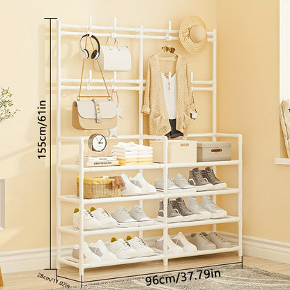 4 to 5 tier coat rack made of carbon steel that can be used for various purposes. It is spacious, measuring 170.18cm, and can be used to organize clothes and shoes. Available in black or white, and is easy to assemble.