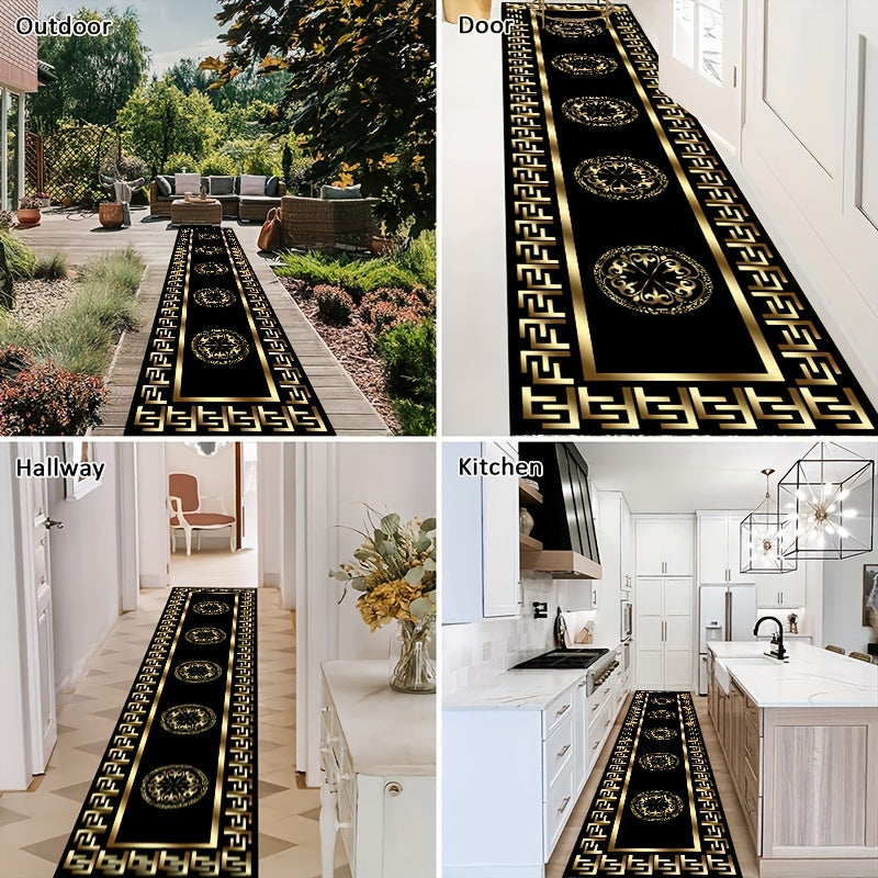 Elegant F-Pattern Runner Rug in Luxurious Golden and Black - Non-Slip, Machine Washable Polyester Carpet for Entryway, Living Room, Bedroom, Outdoor Patio, Garden, and Yard Decor