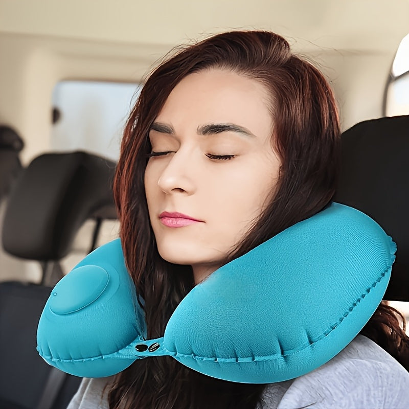 Modern style portable inflatable U-shaped neck pillow that provides automatic cervical support. It is lightweight with a velvet cover and adjustable closure, perfect for use at home, in the office, or in the car. This pillow must be hand washed for