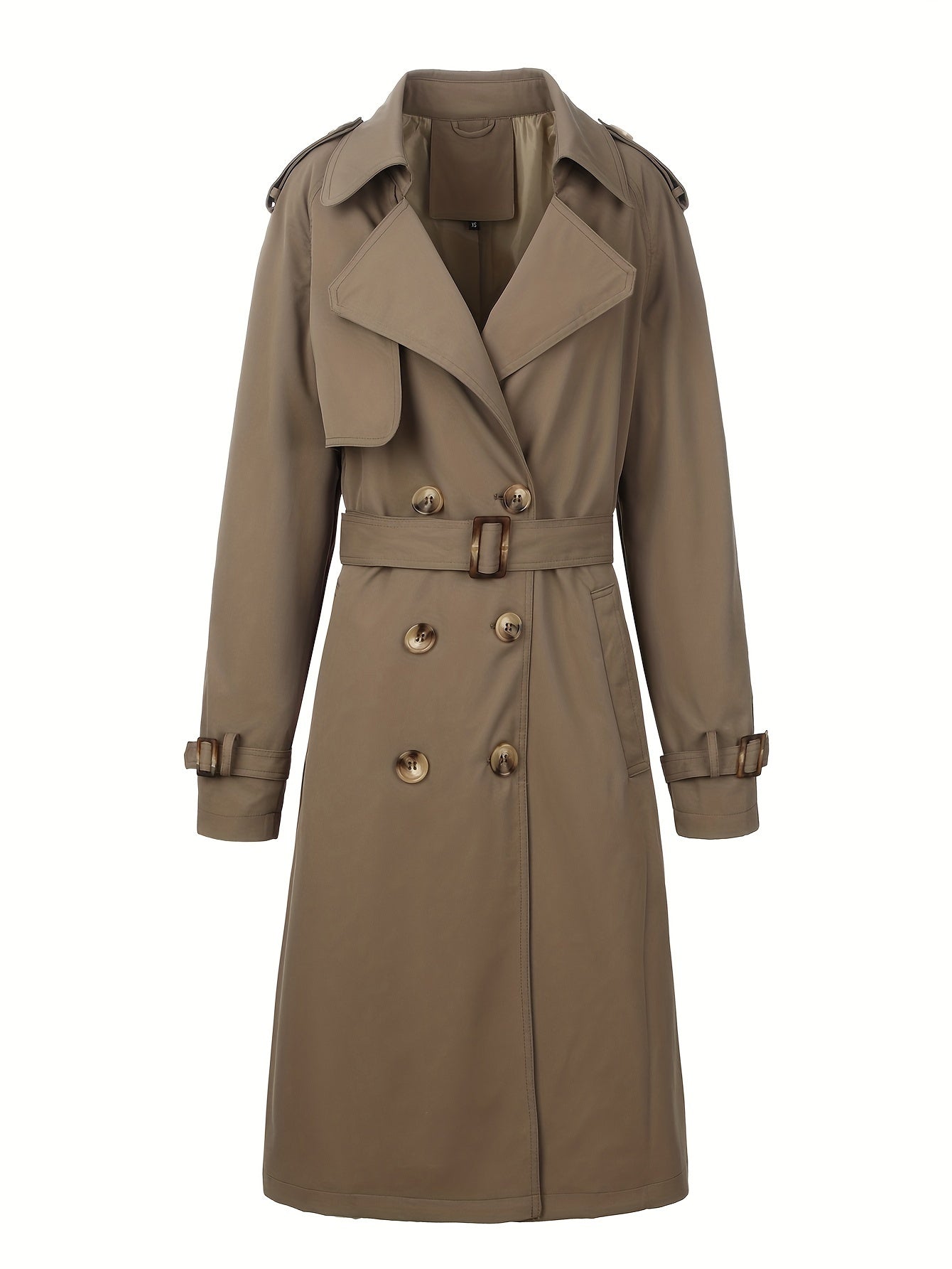 Stylish beige trench coat for women with belt, perfect for fall and winter. Made of polyester, mid-length with double-breasted front and long sleeves.