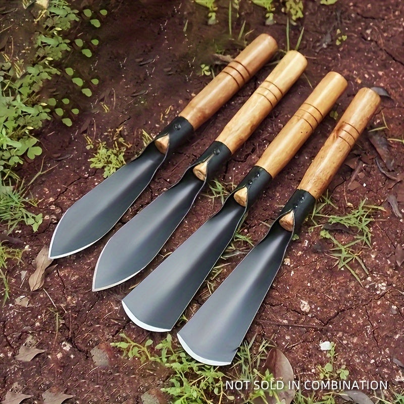 Pair of sturdy gardening shovels made of manganese steel, with ergonomic wooden grips for digging flowers and vegetables using manual power.