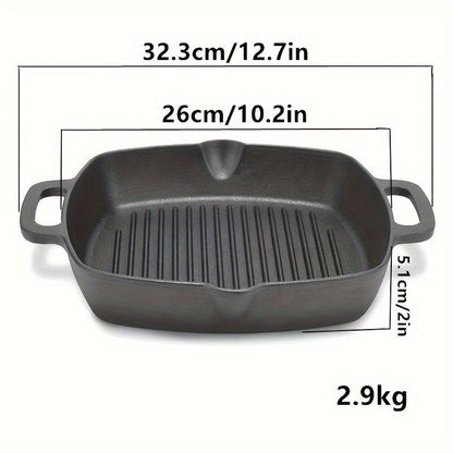 Square Striped Steak Pan: Durable Cast Iron, Non-Stick Coating, Oven-Safe Skillet for Gas & Induction Stoves - Ideal for Autumn Grilling Outdoors