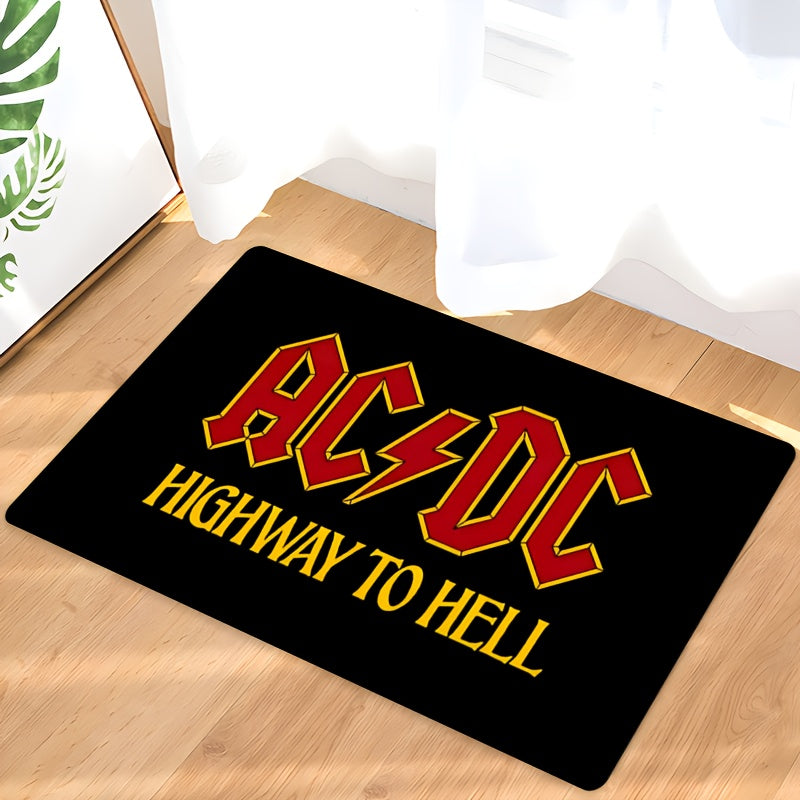 Introducing the 1 piece AC/DC Highway to Hell Welcome Doormat! Made of non-slip polyester material, this machine washable and lightweight rectangle area rug is perfect for any room in your home or office, as well as indoor and outdoor entrances. Make a