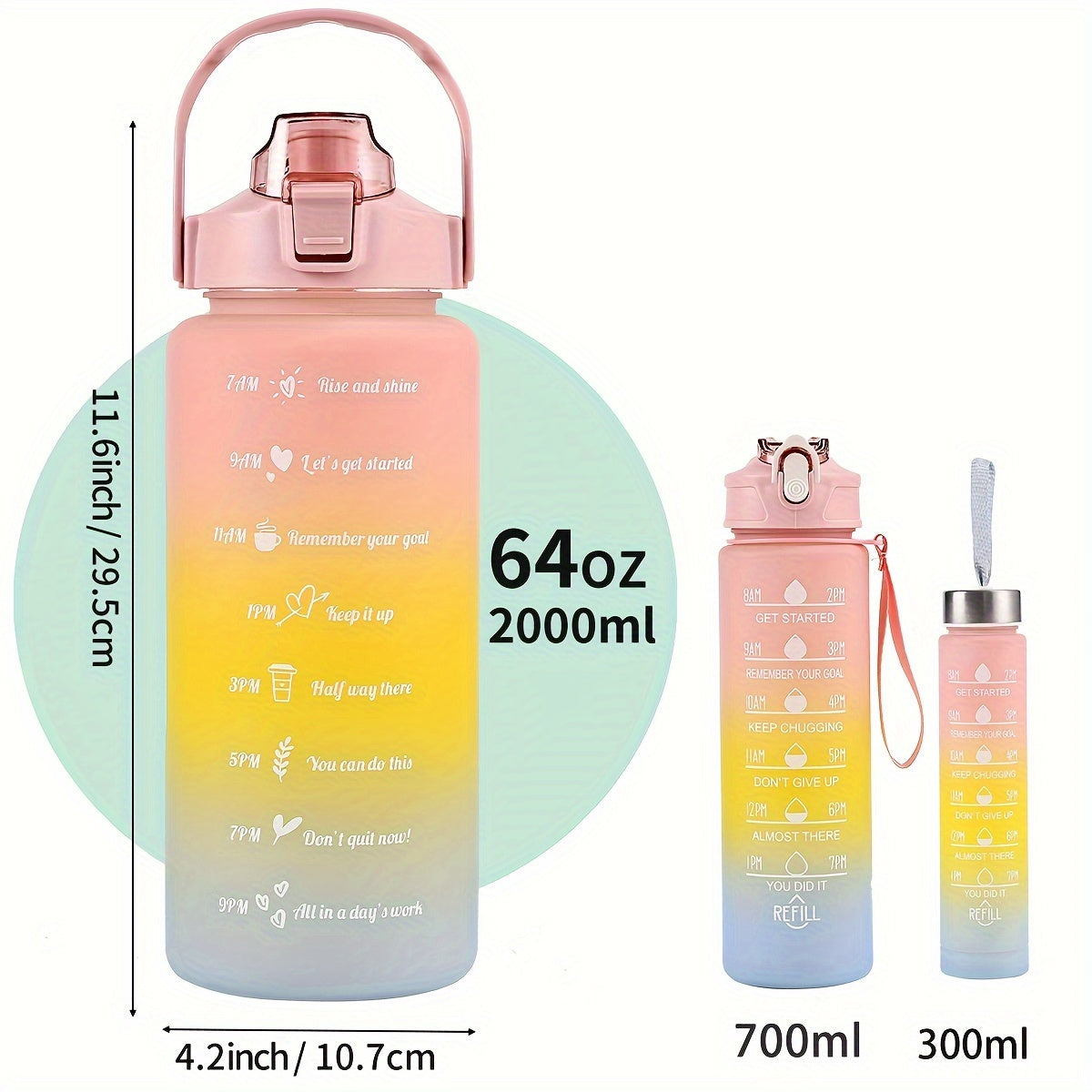 Lightweight sports water bottle with straw, gradient color, motivational phrases, large capacity, BPA-free, ideal for hiking and camping.