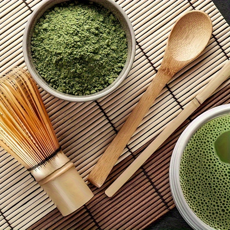 BambooWorx Tea Set includes 1 piece each of a Matcha Whisk, Traditional Spoon, and Teaspoon. This set is ideal for preparing traditional matcha cups and includes essential tea accessories.