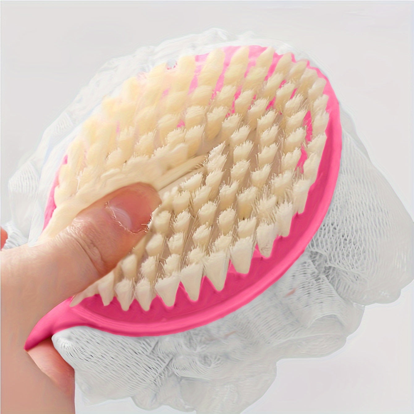 Gentle loofah and bristle brush for men and women - long curved handle for body, face, and spa washing - bathroom accessory