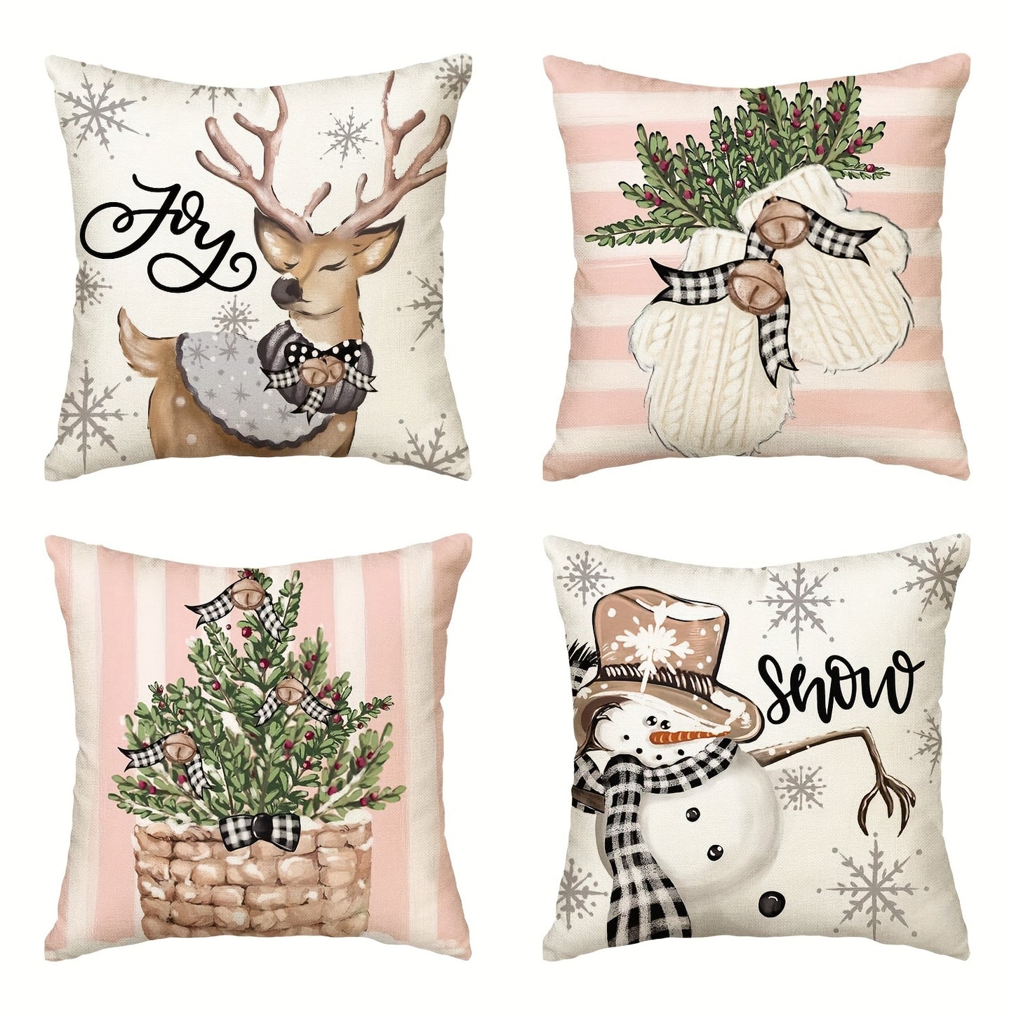 Set of 4 Christmas polyester throw pillow cases featuring reindeer and eucalyptus design. Ideal for decorating outdoor living rooms, bedrooms, couches, and sofas.