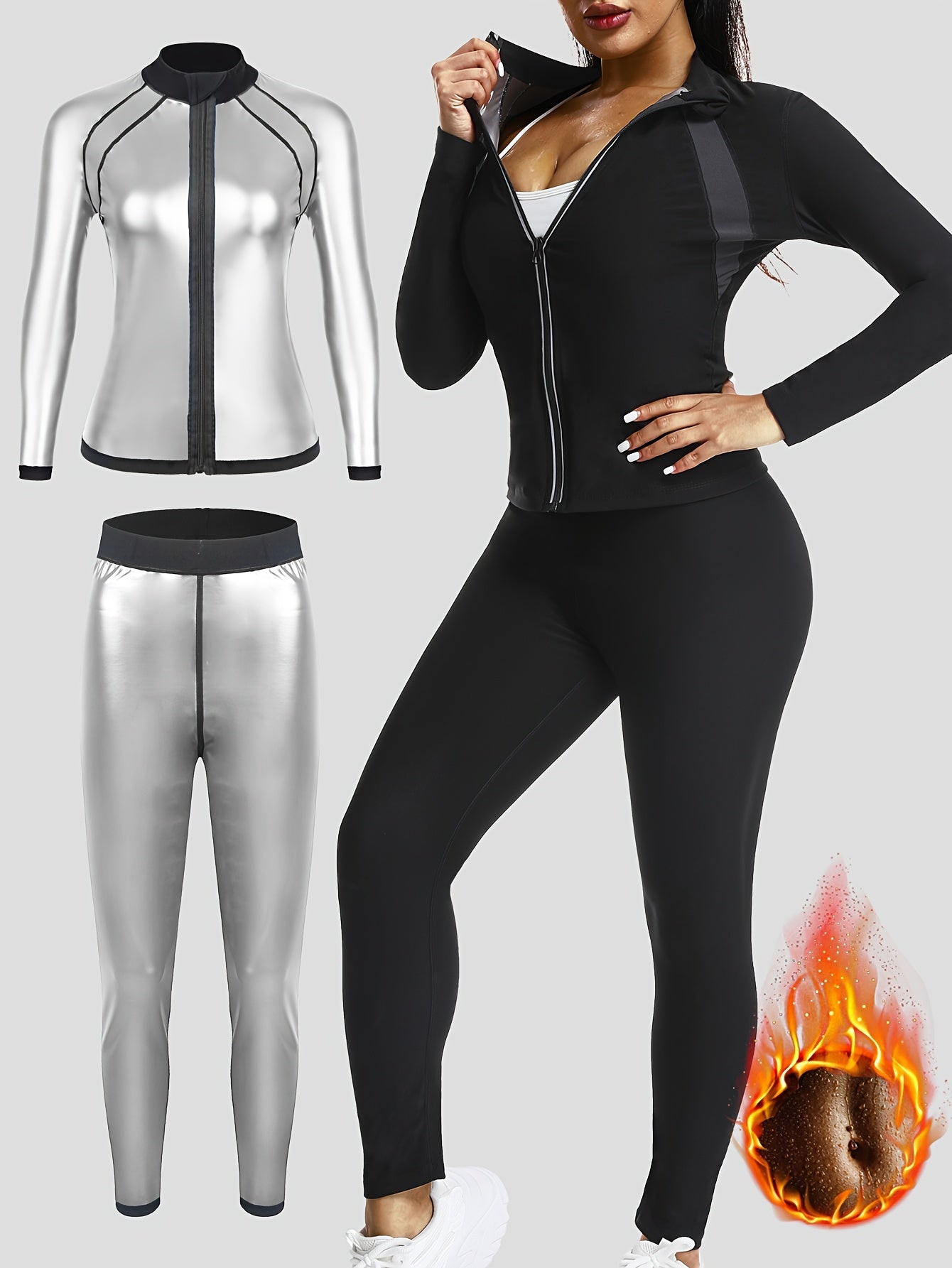 Women's fitness long sleeve pants suit for sauna sports, European and American design. Perfect for yoga and fitness, includes jacket and shorts.