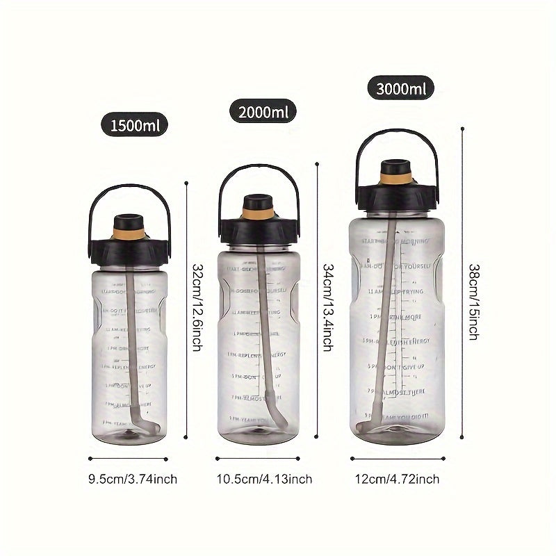 Large clear plastic water bottles for sports and outdoor activities, ideal birthday gifts, available in sizes 50.7oz, 67.6oz, and 101.4oz.