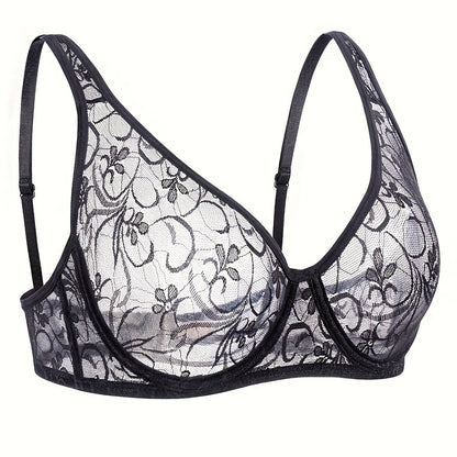 Stylish plus size floral lace bra with V-neck, delicate embroidery, underwired support, breathable, hand washable, in white