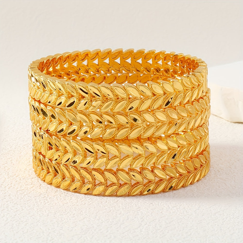 Set of 4 Elegant Wheat Sheaf Design Copper Bangles for Women - 24K Gold Plated Luxury Bracelets for Daily and Wedding Wear - Perfect Jewelry Gift for Valentine's Day, Versatile for All Seasons