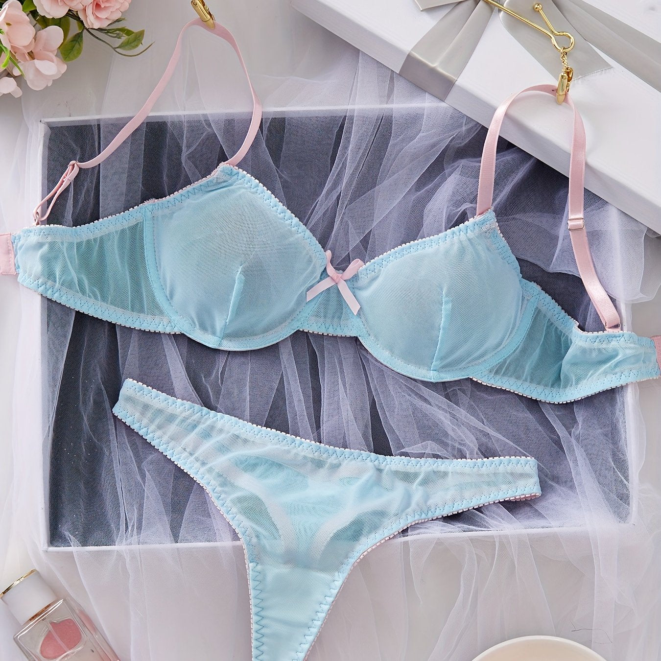 Lingerie set with thin shoulder straps, includes bra and panty, for women's sexy clothing.