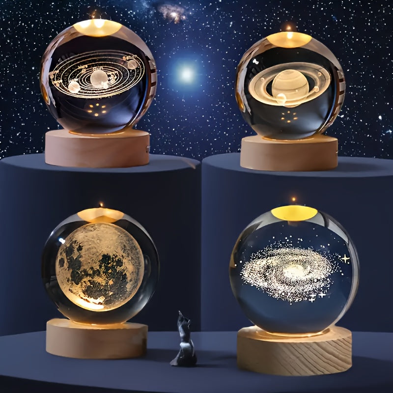 3D Crystal Ball with Solar System & Moon Engraving - USB Powered, Space Decor for Home and Office