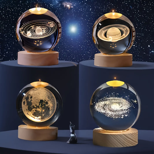 3D Crystal Ball with Solar System & Moon Engraving - USB Powered, Space Decor for Home and Office