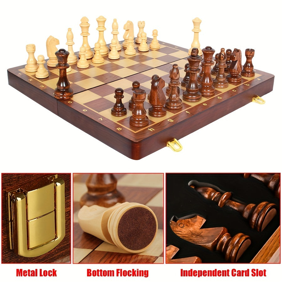 38.1cm X 38.1cm/15" X 15" Solid Wood Chess Set with Folding Board, Walnut Checkerboard, Internal Storage, 2 Bonus Queens.