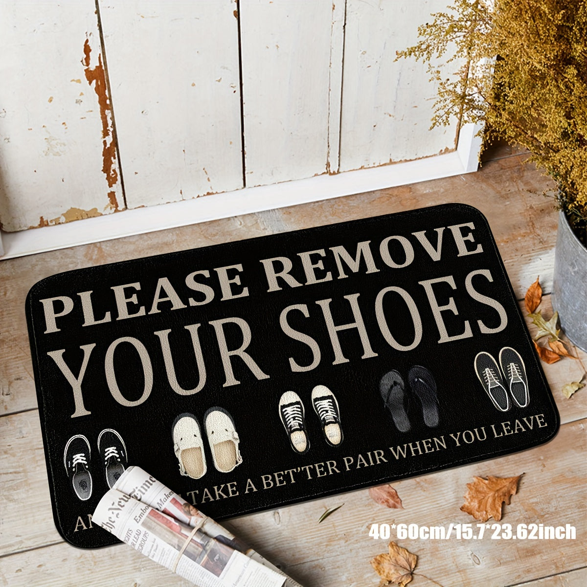 Hand-Washable Polyester Entryway Rug for Indoor and Porch Use - Non-Slip Mat with Decorative Shoe Prints and "Please Remove Your Shoes" Message