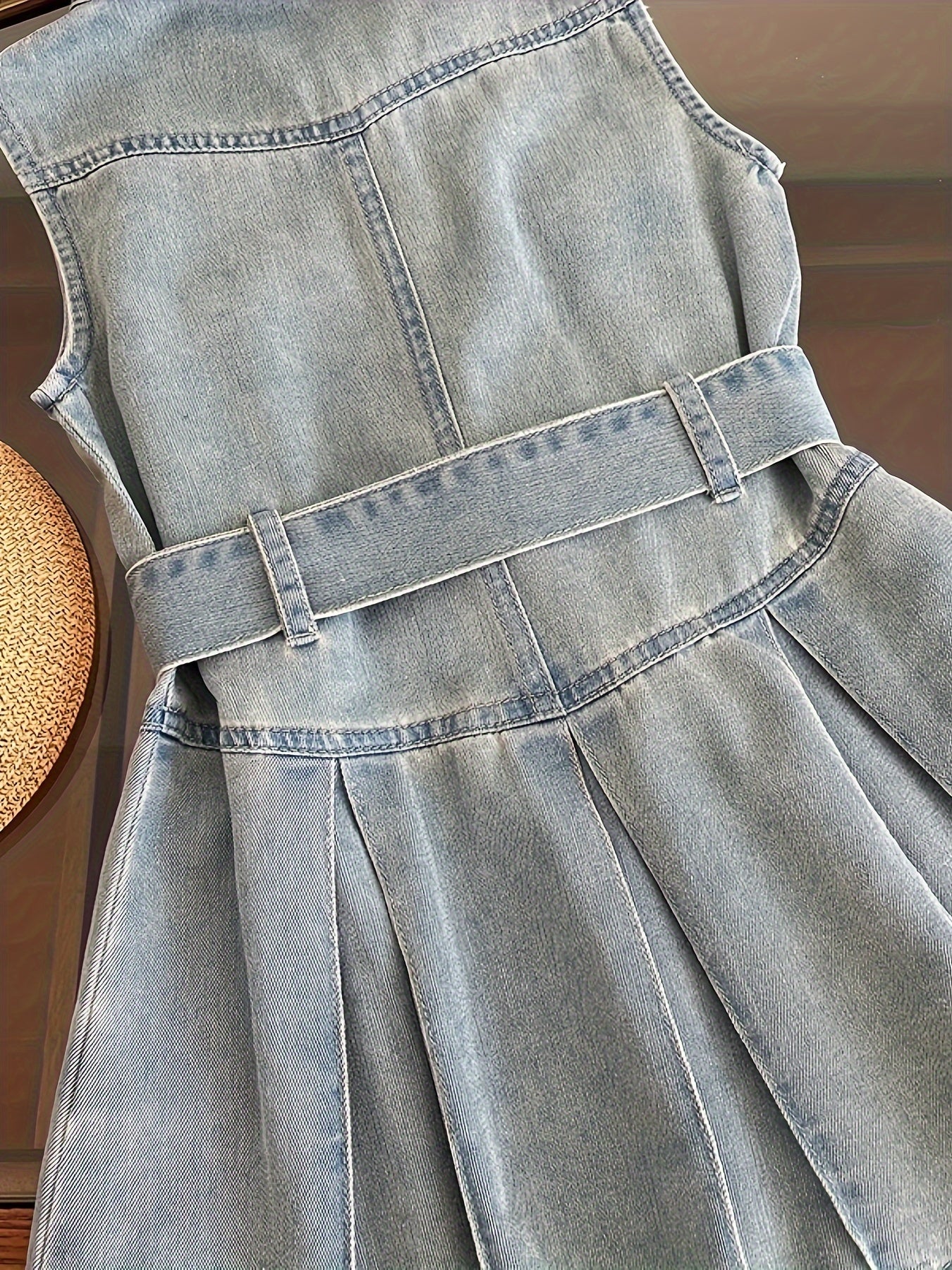 Sleeveless denim dress with waist belt for girls, summer clothing, stylish lapel