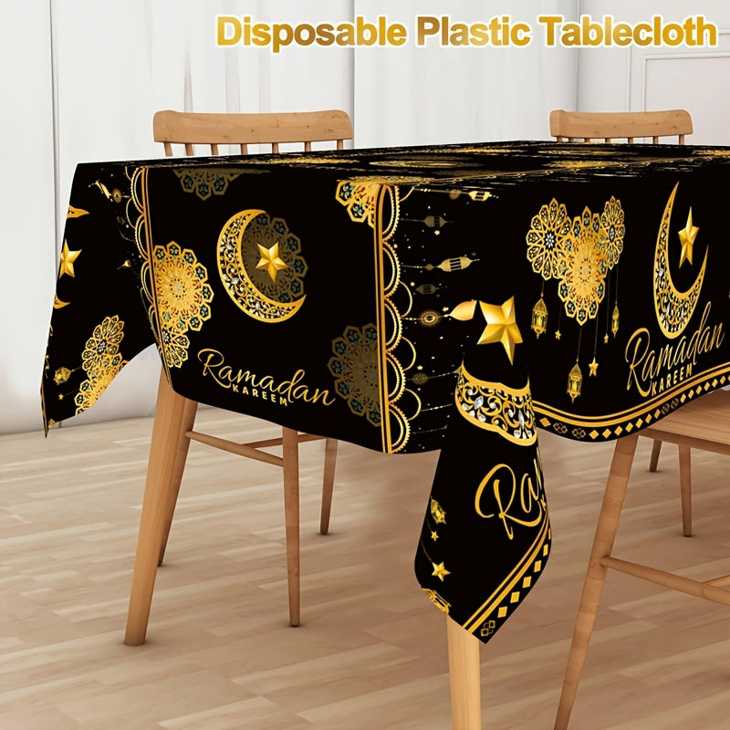 Ramadan-themed disposable plastic tablecloth with black and golden moon, lantern, and star design, sized 130x220cm. Perfect for Eid Al-Fitr & Eid Al-Adha celebrations.