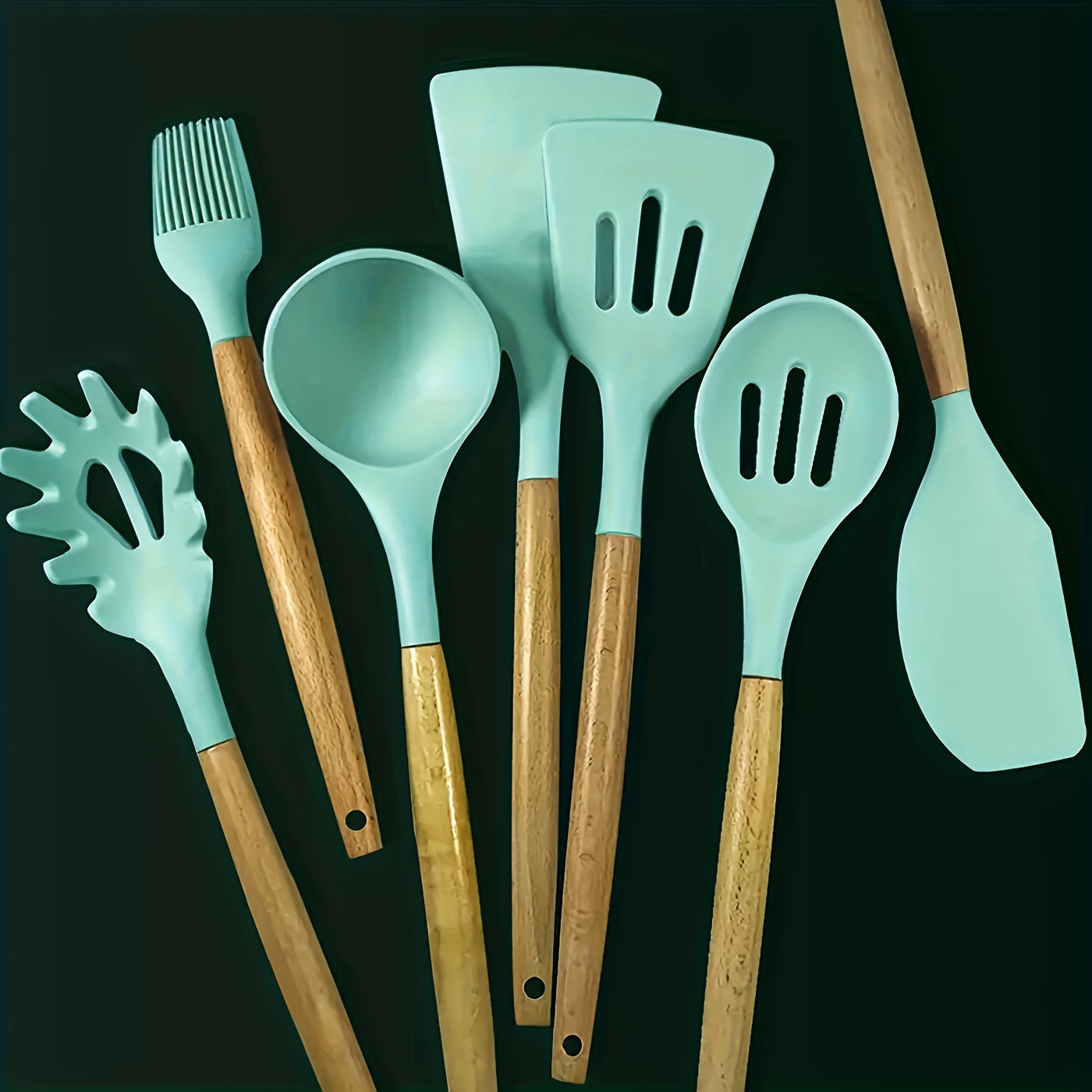 Set of 7 Silicone Cooking Utensils with Wooden Handles, Non-Stick and Heat Resistant, Perfect for Chefs, Complete with Whisk, Spoon, Spatula, and More