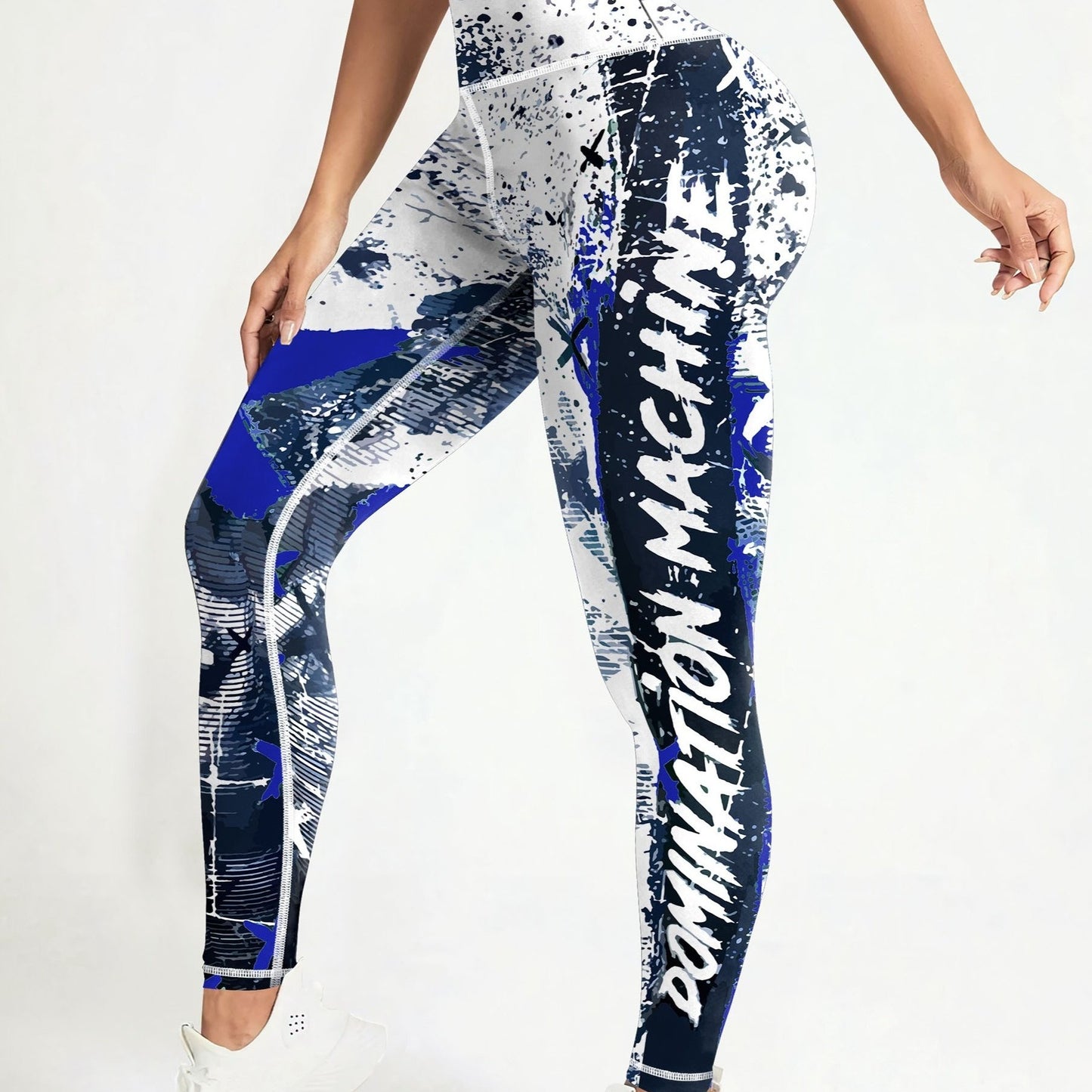 Yoga high waist leggings with color block graffiti print, tummy control and butt lifting, ideal for running and activewear.