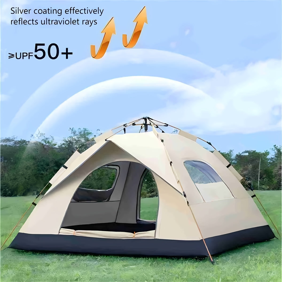 Light brown square tent for 4 people with automatic pop-up feature, waterproof Oxford cloth material, zipper closure, and glass fiber frame. Portable for camping, fishing, hiking