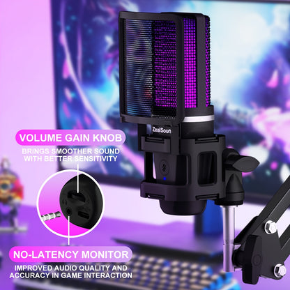 ZealSound USB Gaming Microphone Kit with Boom Arm, RGB Light, and Plug&Play feature for streaming on PC and computer in Black.