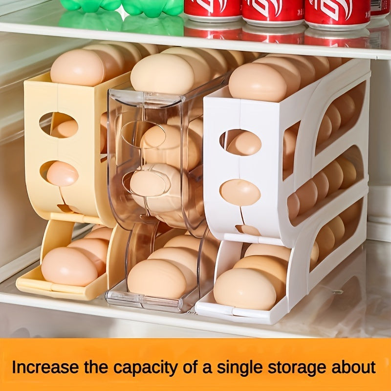 3/4-layer Refrigerator Egg Storage Rack with Sliding Roller Distributor - Keeps eggs fresh and safe with non-contact food safety material. Ideal for kitchen countertops.