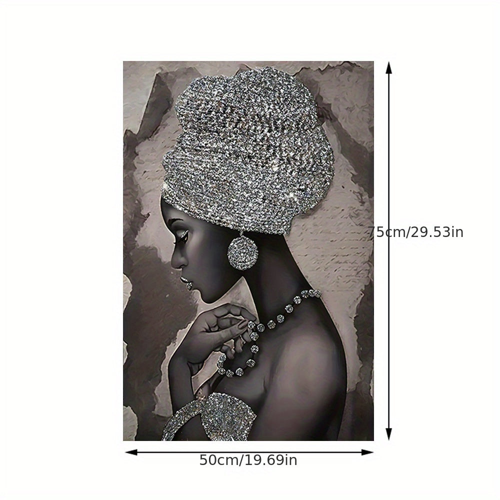 Abstract canvas painting featuring a silvery glitter embroidered African woman, ideal for home or office wall decor. Frame not included.